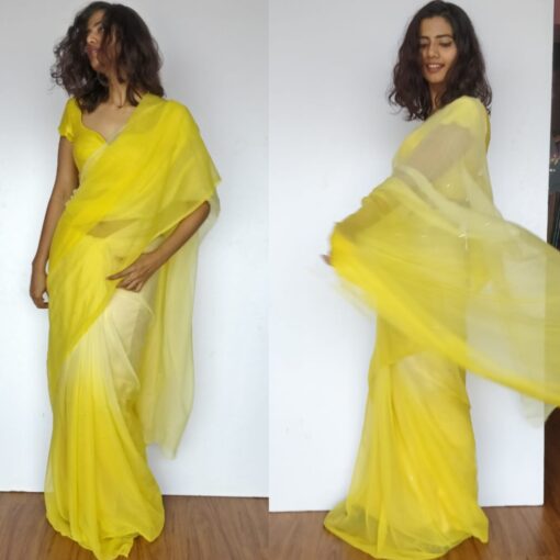 Lime Yellow Chiffon Saree with Badla work