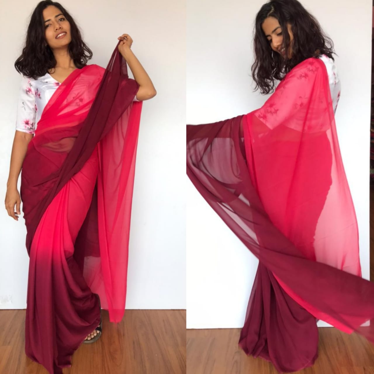 Strawberry Pink Dual Shaded Georgette Saree with Stitched Blouse - Mirra  Clothing