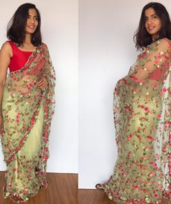 Pastel Green Designer Net Saree with Floral Embroidery