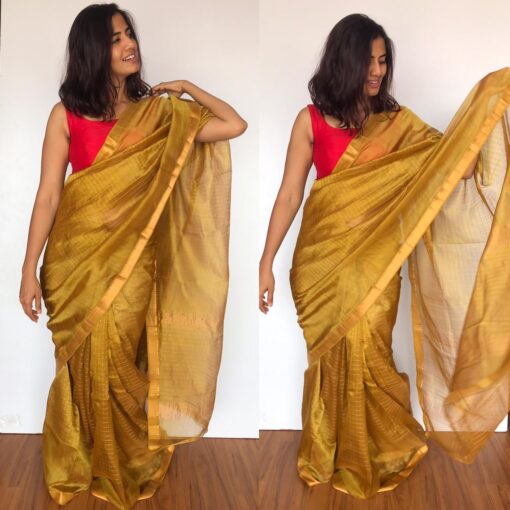 Mustard Mangalagiri Silk Saree handmade with silk border