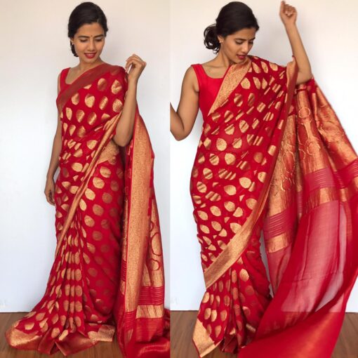 Scarlet Red Banarasi Silk Saree in Georgette adorned with Gold Zari Motifs