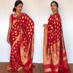 Scarlet Red Banarasi Silk Saree in Georgette adorned with Gold Zari Motifs