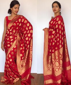 Scarlet Red Banarasi Silk Saree in Georgette adorned with Gold Zari Motifs