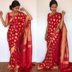 Scarlet Red Banarasi Silk Saree in Georgette adorned with Gold Zari Motifs