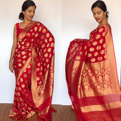 Scarlet Red Banarasi Silk Saree in Georgette adorned with Gold Zari Motifs