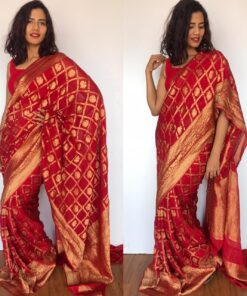 Scarlet Red Banarasi Silk Saree in Georgette adorned with Gold Zari Motifs