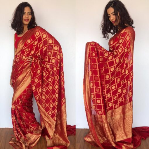 Scarlet Red Banarasi Silk Saree in Georgette adorned with Gold Zari Motifs