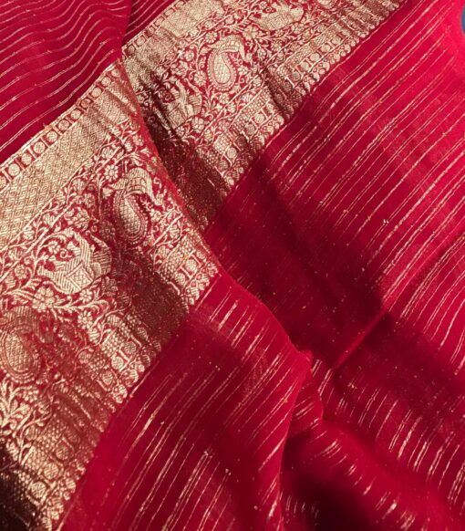 Scarlet Red Banarasi Silk Saree in Georgette adorned with Gold Zari Motifs