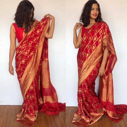 Scarlet Red Banarasi Silk Saree in Georgette adorned with Gold Zari Motifs