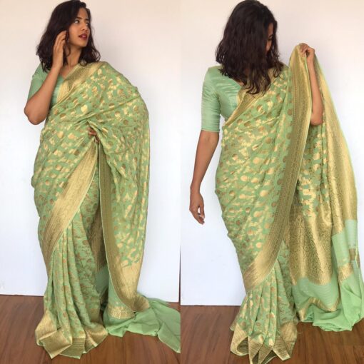 Sea Green Banarasi Silk Saree in Georgette adorned with Gold Zari Motifs