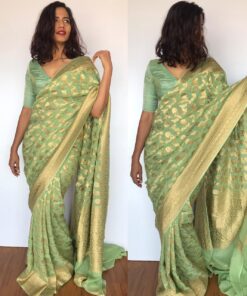 Sea Green Banarasi Silk Saree in Georgette adorned with Gold Zari Motifs