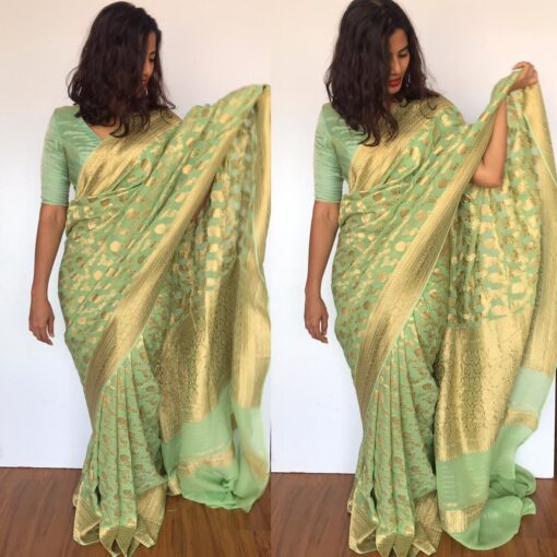 Sea Green Banarasi Silk Saree in Georgette adorned with Gold Zari Motifs