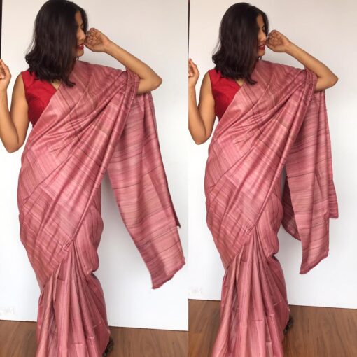 Dusty Pink Handwoven Tussar Silk Saree