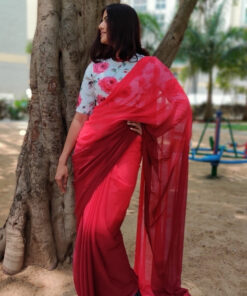 Strawberry Pink Dual Shaded Georgette Saree with Stitched Blouse