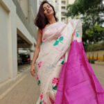 Ivory Pure Silk Saree with Printed Florals