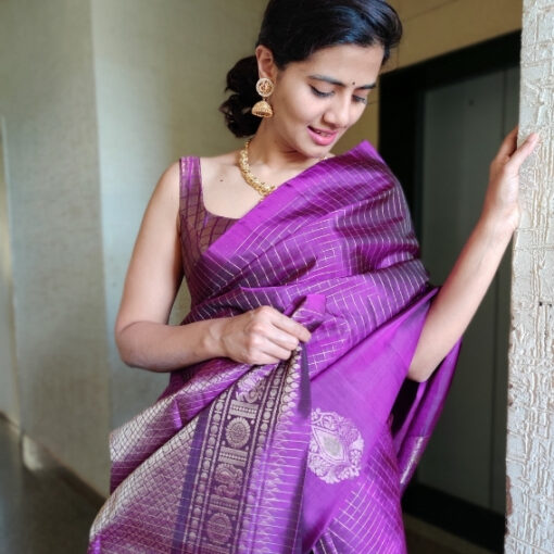 Purple Kanjivaram Silk Saree with Silver Zari Checks