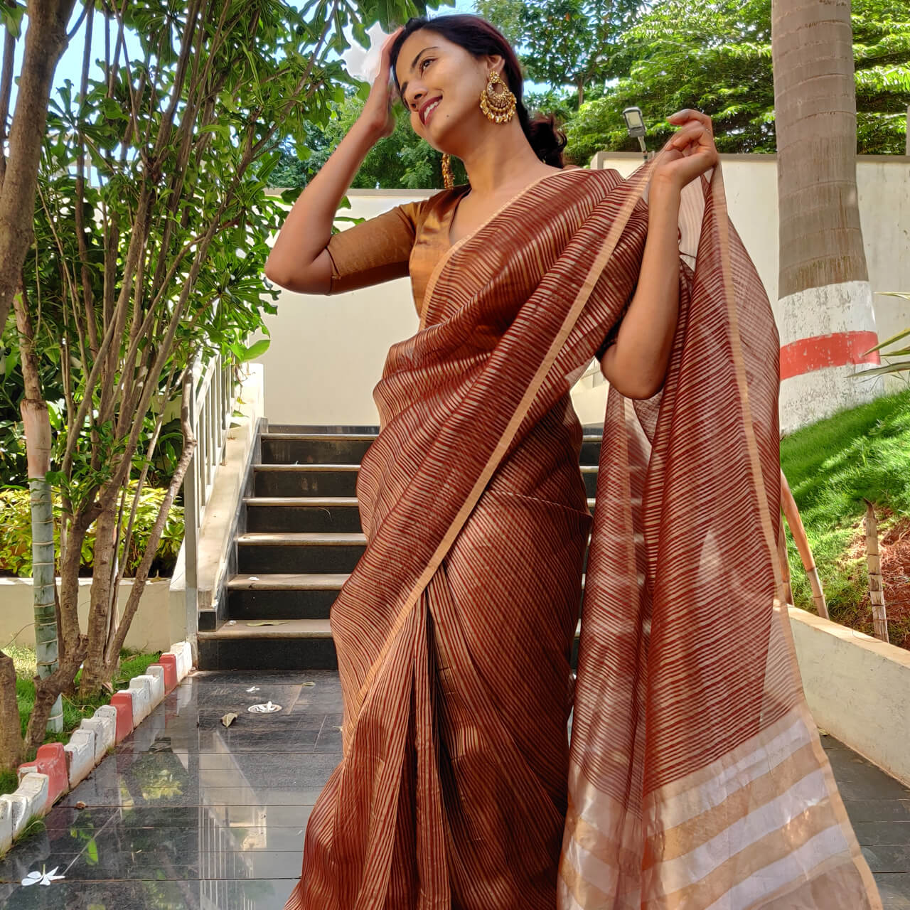 Maroon Organza Silk Saree with Gold Zari Stripes | Mirra clothing