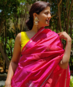 Hot Pink Kanjivaram Silk Saree with Silver Zari Checks and Silver Motifs