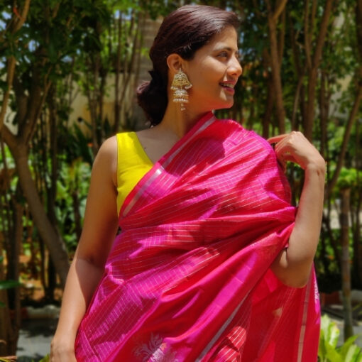 Hot Pink Kanjivaram Silk Saree with Silver Zari Checks and Silver Motifs