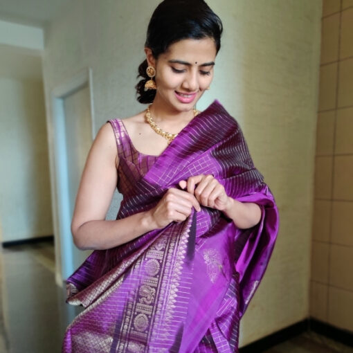 Purple Kanjivaram Silk Saree with Silver Zari Checks