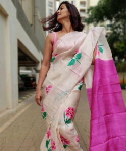 Ivory Pure Silk Saree with Printed Florals