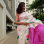 Ivory Pure Silk Saree with Printed Florals