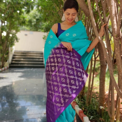 Cyan Blue Kanjiivaram Saree with Silver Zari Motifs