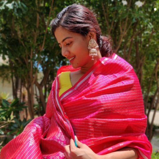 Hot Pink Kanjivaram Silk Saree with Silver Zari Checks and Silver Motifs