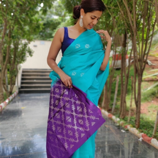 Cyan Blue Kanchivaram Silk Saree with Silver Zari Motifs