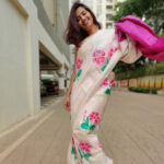 Ivory Pure Silk Saree with Printed Florals