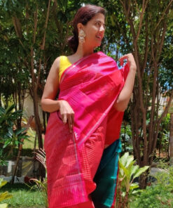 Hot Pink Kanjivaram Silk Saree with Silver Zari Checks and Silver Motifs