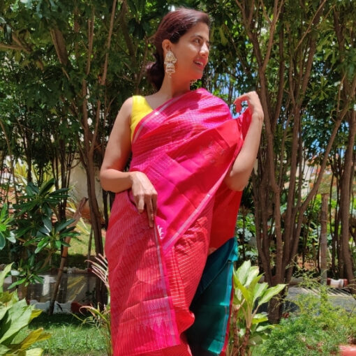 Hot Pink Kanjivaram Silk Saree with Silver Zari Checks and Silver Motifs