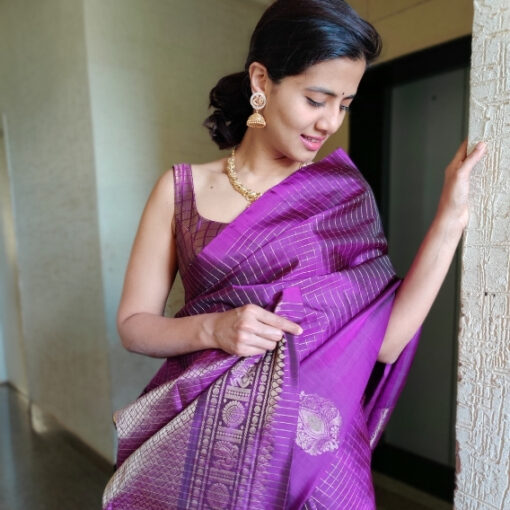 Purple Kanjivaram Silk Saree with Silver Zari Checks