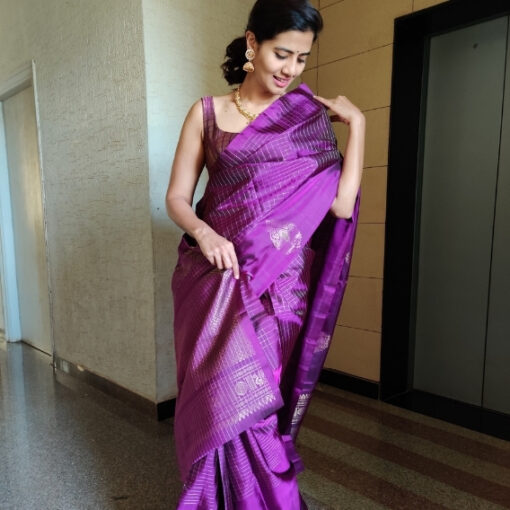 Purple Kanjivaram Silk Saree with Silver Zari Checks