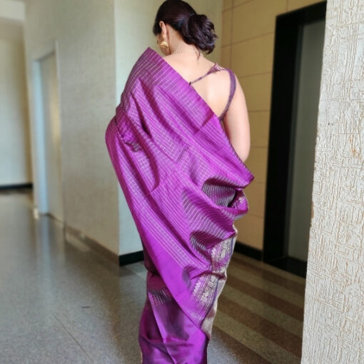 Purple Kanjivaram Silk Saree with Silver Zari Checks