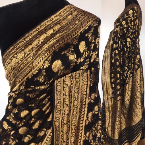 Black Banarasi Silk Saree in Georgette adorned with Gold Zari Motifs