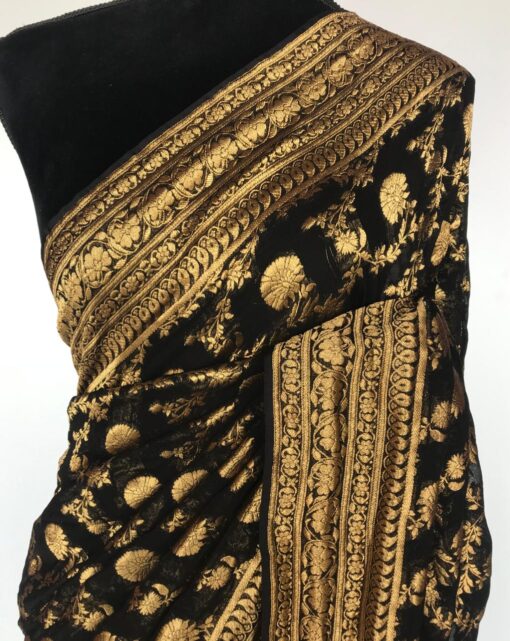 Black Banarasi Silk Saree in Georgette adorned with Gold Zari Motifs