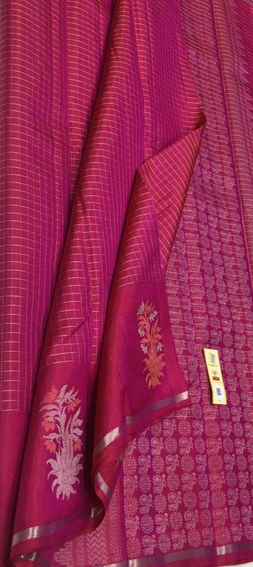 Hot Pink Kanjivaram Silk Saree with Silver Zari Checks and Silver Motifs