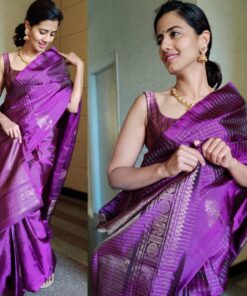 Purple Kanjivaram Silk Saree with Silver Zari Checks