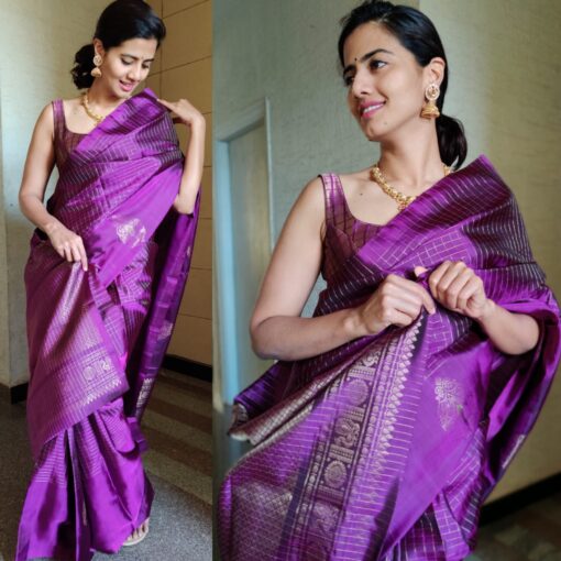 Purple Kanjivaram Silk Saree with Silver Zari Checks