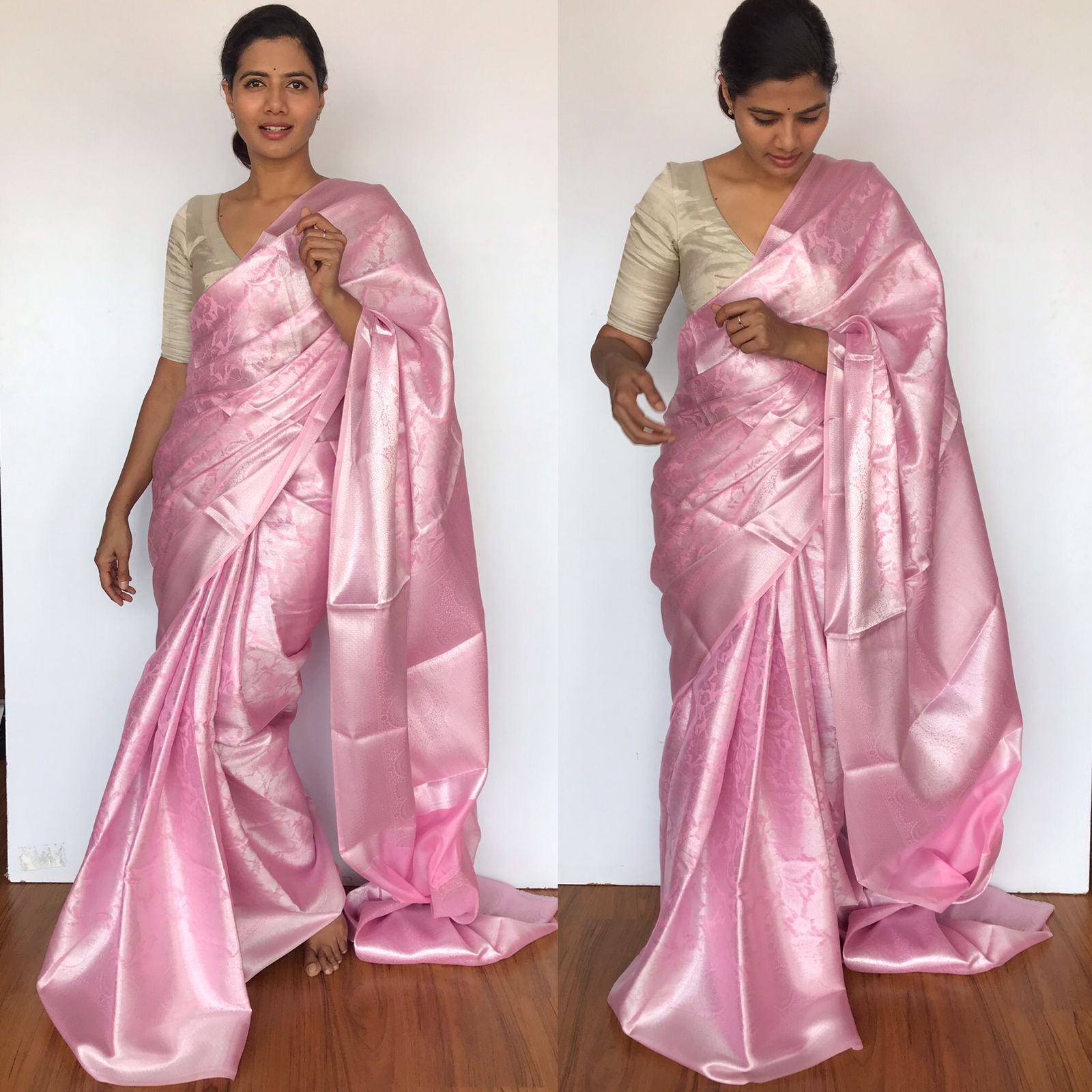 Baby pink colour tussar banarasi saree with silver and golden zari motif  and self zari border SOLD | By Vasthram Silk | My favourite tassel  georgettes baby pink with the jewel tone