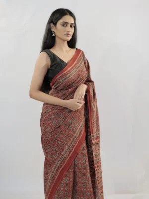 Comfortable and Flowy Maroon Cotton Saree with Ajrakh detailing 2025 