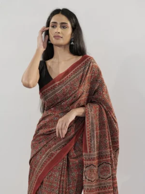 Comfortable and Flowy Maroon Cotton Saree with Ajrakh detailing 2025 