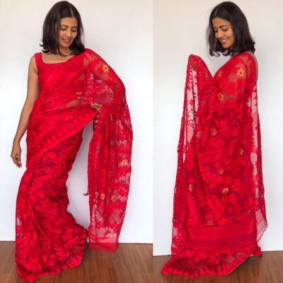 Red Jamdani Saree trending in 2025