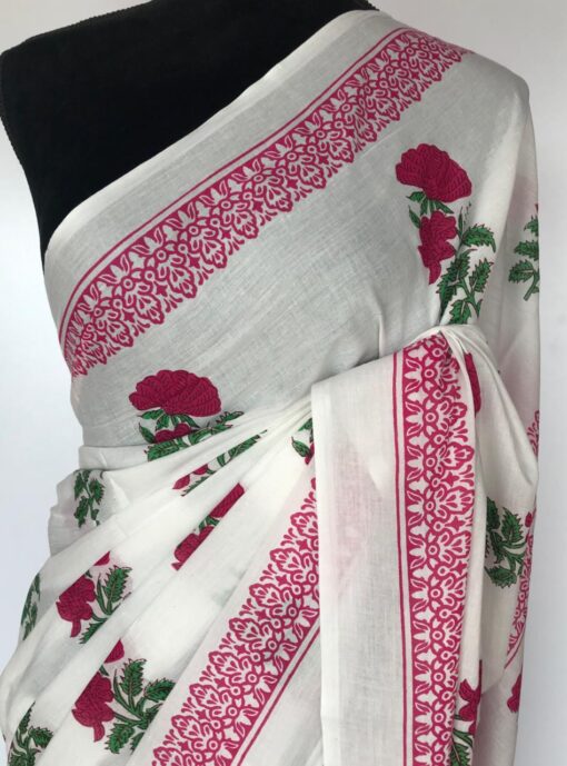 New White Mul Cotton Saree with Hand Block Prints