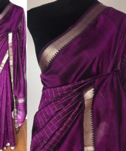 Magenta Mangalagiri Silk Saree with Silver Zari Checks