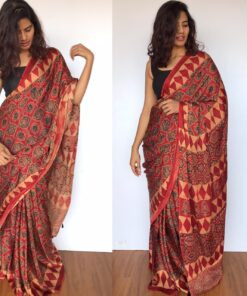 Dark Red Ajrakh Printed Modal silk saree