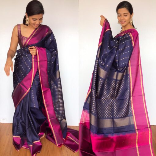 Navyblue Kanjivaram Silk Saree with Handwoven Zari Buttas