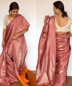 Pastel Peach Kanjivaram Silk Saree with Handwoven Silver Zari Motifs Weaves