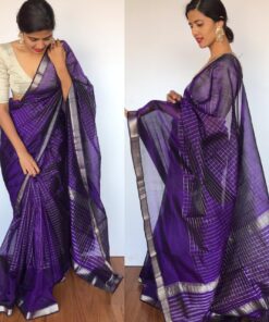 Purple Mangalagiri Silk Saree with Silver Zari Checks